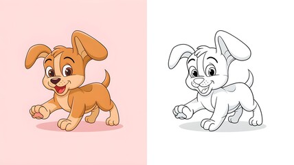 Fototapeta premium Playful Cartoon Puppy Illustration with Coloring Page