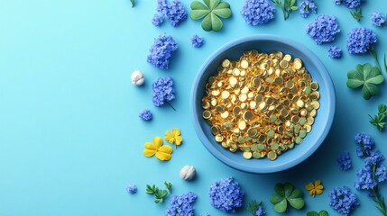 Perfumer Liver detox tablet Goodal Perfume dupe Pcos supplement Chelated copper Herbalgem Epycure The Nue Co. Wholier Gold coins in blue bowl with purple flowers and green clover leaves on pastel bac