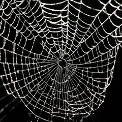 Obraz premium A dew-laden spiderweb shimmers in the darkness capturing the intricate beauty of nature's delicate artistry.