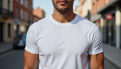 Fototapeta premium Casual stroll through a vibrant city street showcasing modern fashion styles in a sunlit atmosphere