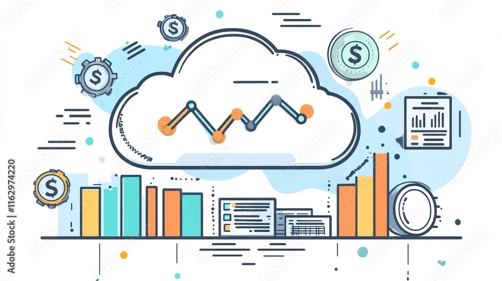Poster cloud computing data analytics, financial growth, and business progress visualization.