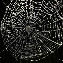 Obraz premium A dew-laden spiderweb shimmers in the darkness capturing the intricate beauty of nature's delicate artistry.