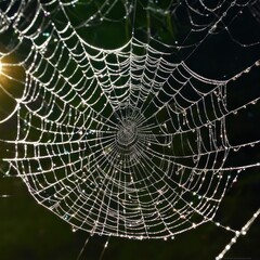 Obraz premium A dew-laden spiderweb shimmers in the darkness capturing the intricate beauty of nature's delicate artistry.
