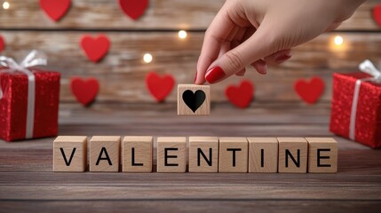 Valentine wooden block with the hand and heart, gift  background.