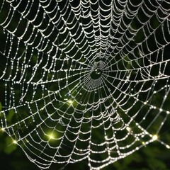A dew-laden spiderweb shimmers in the darkness capturing the intricate beauty of nature's delicate artistry.