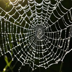 Obraz premium A dew-laden spiderweb shimmers in the darkness capturing the intricate beauty of nature's delicate artistry.