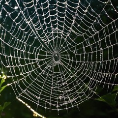 Obraz premium A dew-laden spiderweb shimmers in the darkness capturing the intricate beauty of nature's delicate artistry.