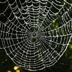 Obraz premium A dew-laden spiderweb shimmers in the darkness capturing the intricate beauty of nature's delicate artistry.