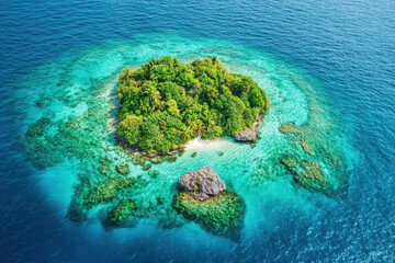 Tropical Island with Coral Reef and Blue Waters