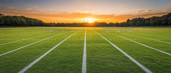 A football field with a sunset in the background