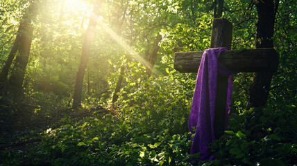 A serene Easter morning in a lush forest, where sunlight filters through trees, illuminating a wooden cross draped in purple cloth, symbolizing hope and new life amidst vibrant greenery.
