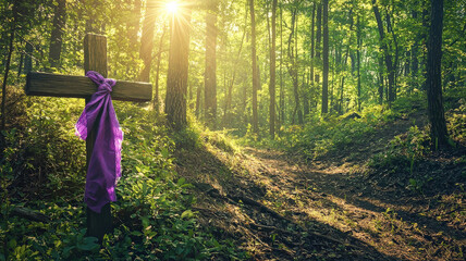 A serene Easter morning in a lush forest, where sunlight filters through trees, illuminating a wooden cross draped in purple cloth, symbolizing hope and new life amidst vibrant greenery.