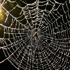 Obraz premium A dew-laden spiderweb shimmers in the darkness capturing the intricate beauty of nature's delicate artistry.