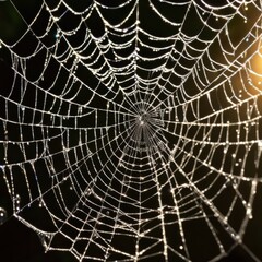 Obraz premium A dew-laden spiderweb shimmers in the darkness capturing the intricate beauty of nature's delicate artistry.