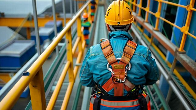 Safety precautions in industrial work environment with harnessed worker on elevated platform in coastal area