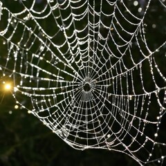 Fototapeta premium A dew-laden spiderweb shimmers in the darkness capturing the intricate beauty of nature's delicate artistry.
