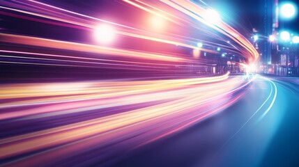Colorful city light trails at night.