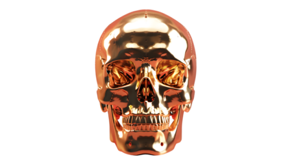 Golden human skull with a polish golden colour isolated on white background