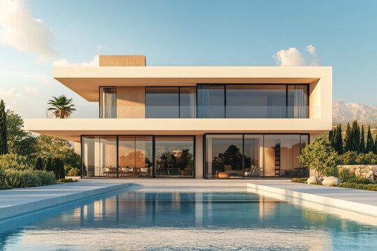 Modern house with large windows and a pool in a serene backyard setting