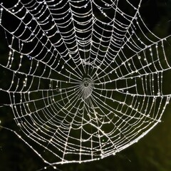 Obraz premium A dew-laden spiderweb shimmers in the darkness capturing the intricate beauty of nature's delicate artistry.