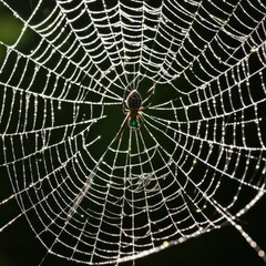 Obraz premium A dew-laden spiderweb shimmers in the darkness capturing the intricate beauty of nature's delicate artistry.