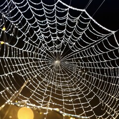 Obraz premium A dew-laden spiderweb shimmers in the darkness capturing the intricate beauty of nature's delicate artistry.