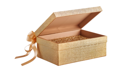 Golden champagne bottle with gift ribbon isolated on white background