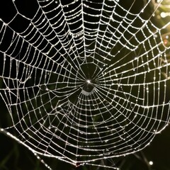 Fototapeta premium A dew-laden spiderweb shimmers in the darkness capturing the intricate beauty of nature's delicate artistry.