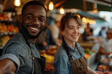 Joyful market vendors smiling in a vibrant setting, showcasing fresh produce and a welcoming atmosphere.