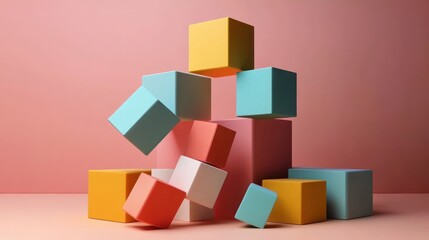 Obraz premium Colorful Abstract Cube Composition: A Playful Arrangement of Pastel-Colored Blocks Against a Pink Background