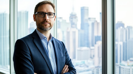 Fototapeta premium A business executive wearing glasses stands confidently in front of a large window, showcasing a panoramic view of the bustling city skyline, reflecting ambition and professionalism.