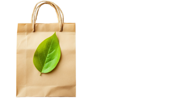 Kraft Paper Bag with Leaf Minimalist Design Transparent Background Eco Concept