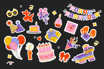 Set of Birthday cute stickers with hand drawn clipart for planners, notebooks Trendy holiday elements, party decoration, cake, candle, gift, balloon, party hat, confetti, pinata, floral glasses, flags