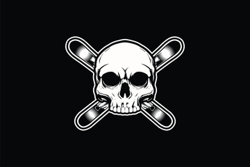 Black and White human Skull head with Ski boards vector logo