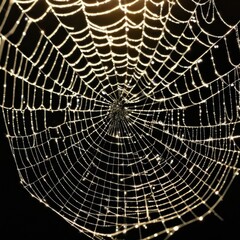 A dew-laden spiderweb shimmers in the darkness capturing the intricate beauty of nature's delicate artistry.