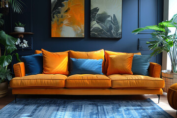 cozy corner is decorated in a modern style with an emphasis on the contrast of warm and cold tones.