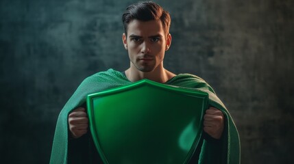 A confident superhero wearing a vibrant green cape stands boldly, holding a large green shield in front of him. The dark background adds a dramatic touch to the character's strong presence
