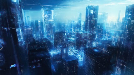 Futuristic cityscape at night, glowing buildings and digital data streams.