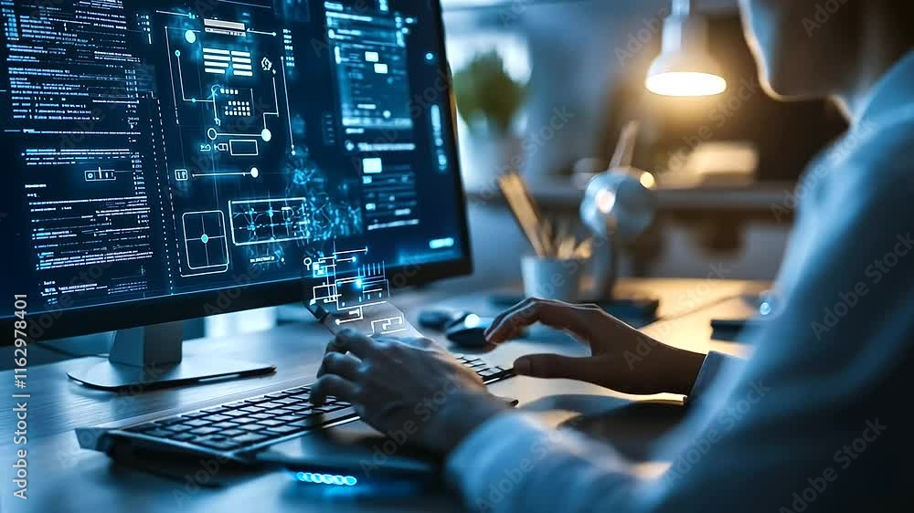 Poster a stylish workspace with an entrepreneur typing questions into an ai chatbot, as virtual diagrams an