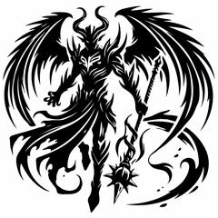 Obraz premium Black-and-white silhouette of demonic creature in armor with weapon