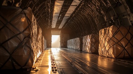 Sunlight streams through the open cargo door of a military transport aircraft, illuminating neatly secured pallets. The setting highlights the logistics of air transport