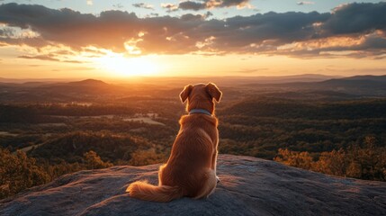 A dog sits atop a rock, gazing at a stunning sunset over a vast mountain landscape. The warm colors of the sky blend beautifully with nature as day turns to night