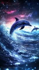 Fototapeta premium Playful dolphins jumping from sparkling blue ocean waves at night, magical starry sky, fantasy marine life scene, perfect for wildlife, nature, summer, or ocean themes background