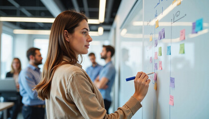 Young woman brainstorming ideas on whiteboard in modern office, collaboration
