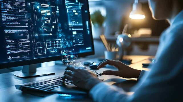A stylish workspace with an entrepreneur typing questions into an AI chatbot, as virtual diagrams and solutions materialize around them