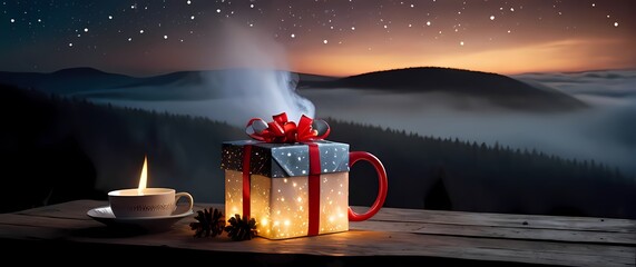 A neatly wrapped gift with natural decorations next to a steaming mug on a rustic table under a sky filled with vibrant stars. Extremely detailed high resolution illustration.