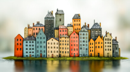 Fototapeta premium Colorful miniature buildings forming a small city on an island