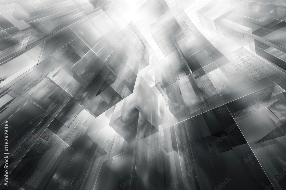 Poster abstract graphic design with multiple intersecting transparent and reflective surfaces creating the 