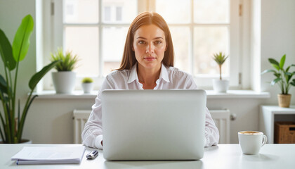 Focused professional working on laptop in bright home office, productivity