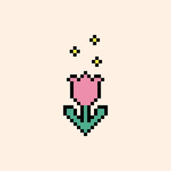 Flower emoji. Tulip flower pixel art icon. Colorful retro sticker. Editable pixel vector illustration. Cute badge. Game abstract element. Y2k modern geometric shape for collage, poster. Mood of 90s